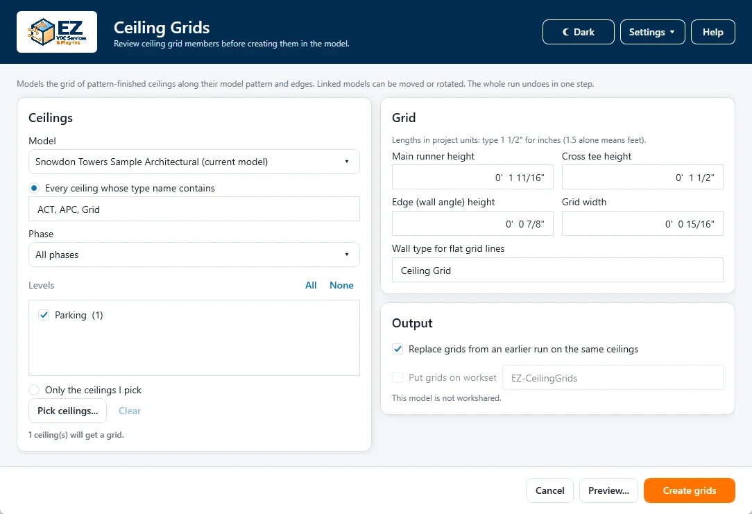 Ceiling grid settings