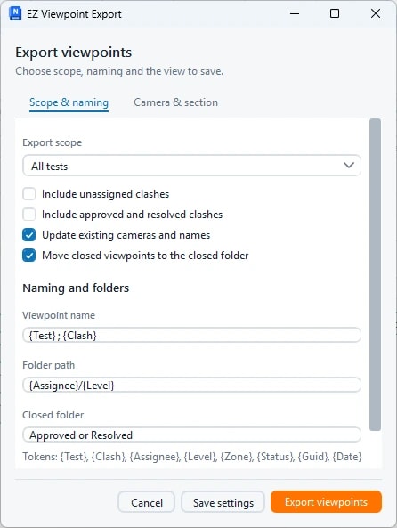 Viewpoint export settings