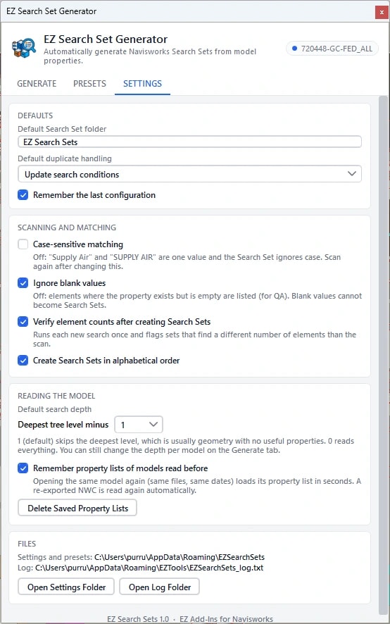 Search Set settings