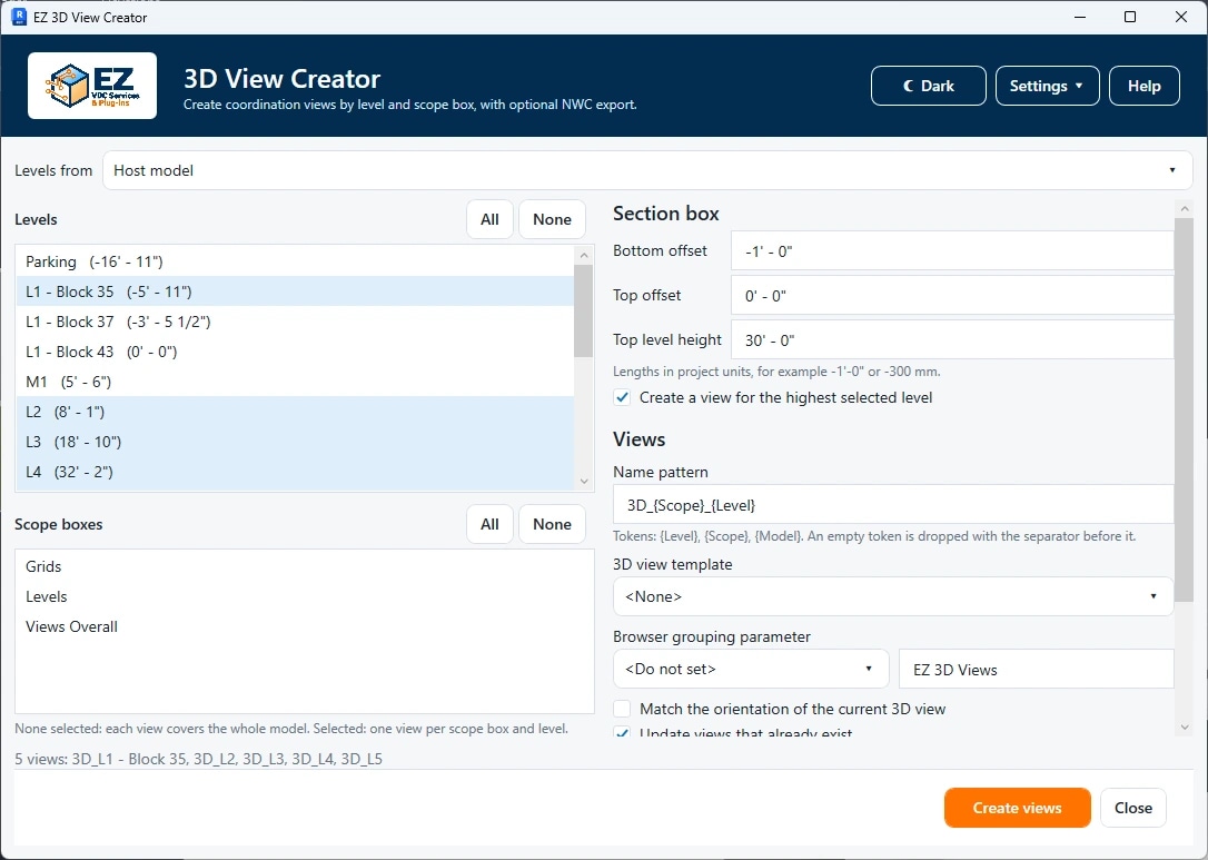 EZ 3D View Creator: Niveles, scope boxes y ajustes de vistas