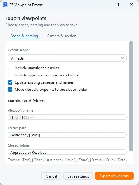 EZ Clash Manager: Ajustes de exportación de vistas