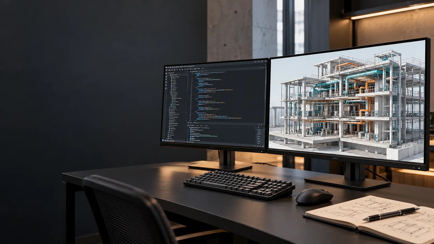 Conceptual illustration of a software workstation with code and a coordinated building model